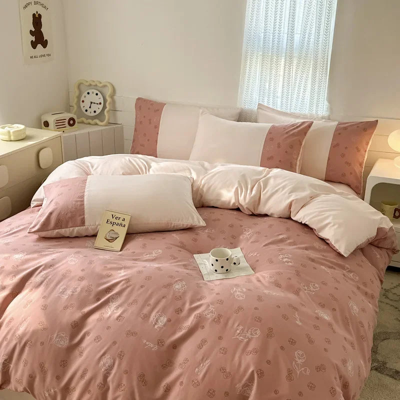 New class A milk small cotton 6D three-dimensional printing four-piece set small fresh washed cotton bed sheet quilt cover