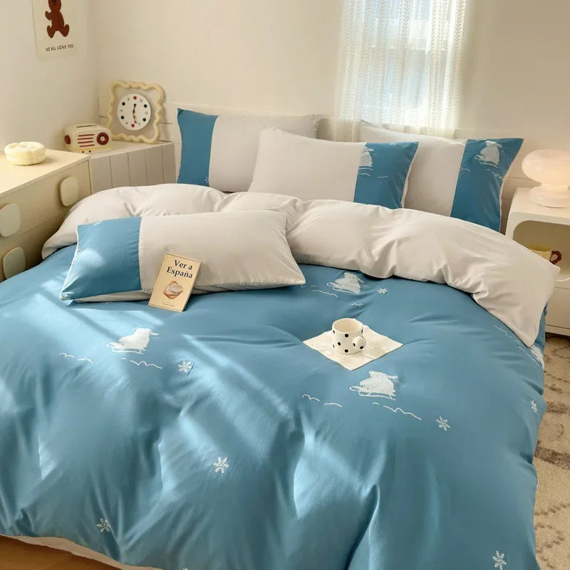 New class A milk small cotton 6D three-dimensional printing four-piece set small fresh washed cotton bed sheet quilt cover