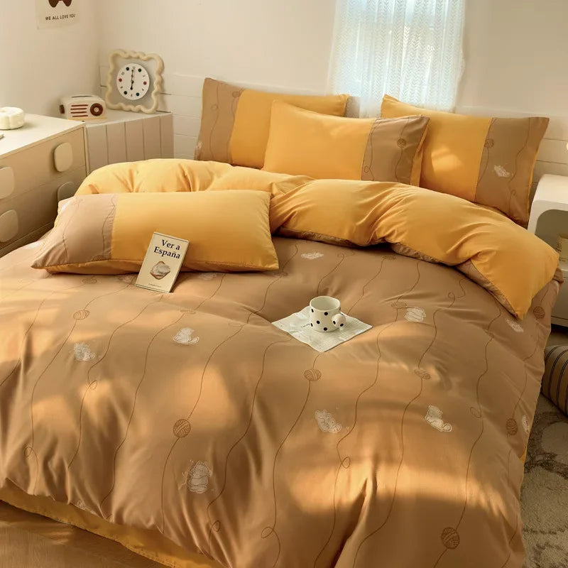 New class A milk small cotton 6D three-dimensional printing four-piece set small fresh washed cotton bed sheet quilt cover
