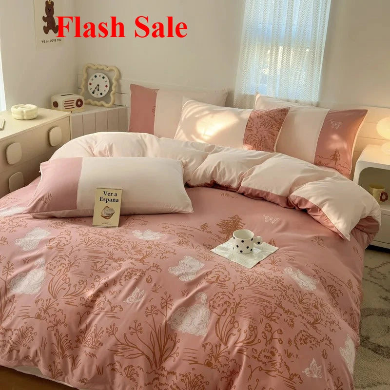 New class A milk small cotton 6D three-dimensional printing four-piece set small fresh washed cotton bed sheet quilt cover