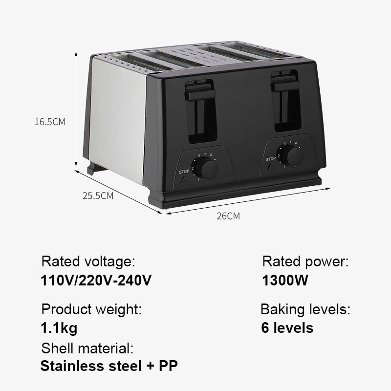 Household Electric Toaster Baking Bread Sandwich Maker Grill Stainless Steel Toast Oven Heater 4 Slices Slot