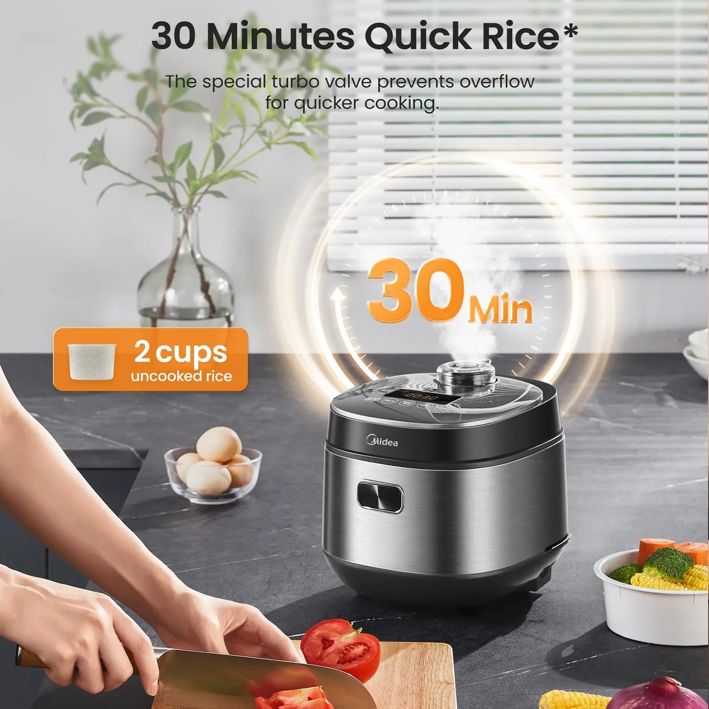 Cooker with 9 Functions, 2L, 4 Cups, for Advanced Heating Technology, 30 Min Quick Rice