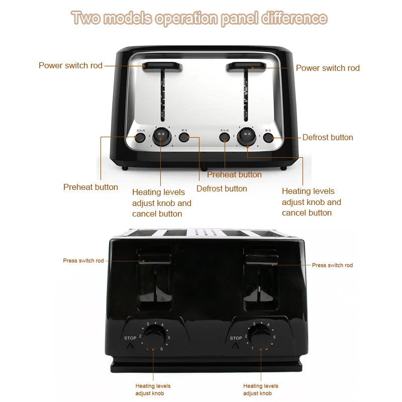 Household Electric Toaster Baking Bread Sandwich Maker Grill Stainless Steel Toast Oven Heater 4 Slices Slot