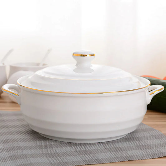 Ceramic Soup Pot Nordic Phnom Penh White Round 1.4L Large Bowl with Lid Cooking