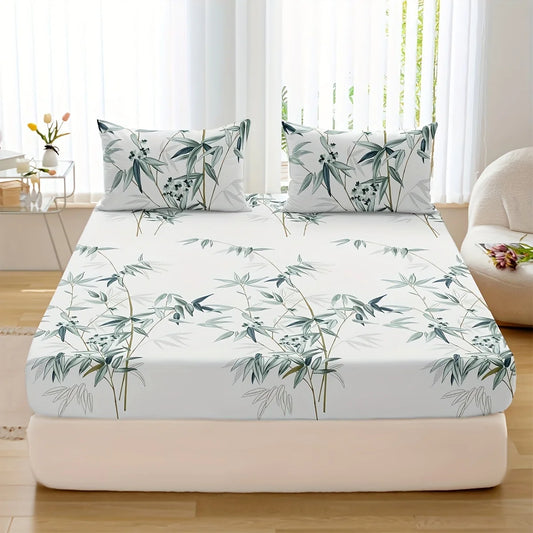 3pcs Bamboo Leaf Print Fitted Sheet Set - Soft, Breathable, Comfortable, Hypoallergenic Bedding for Bedroom,