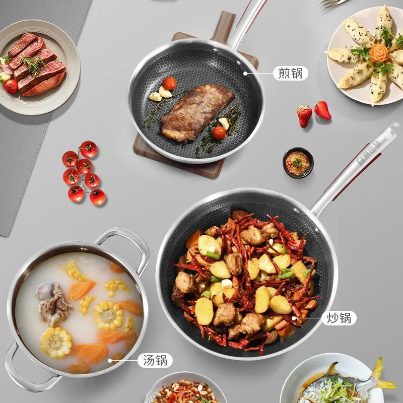 3PCS KBH 304 stainless steel non stick frying pan Soup pot  Universal household induction cooker non stick cooking pot set