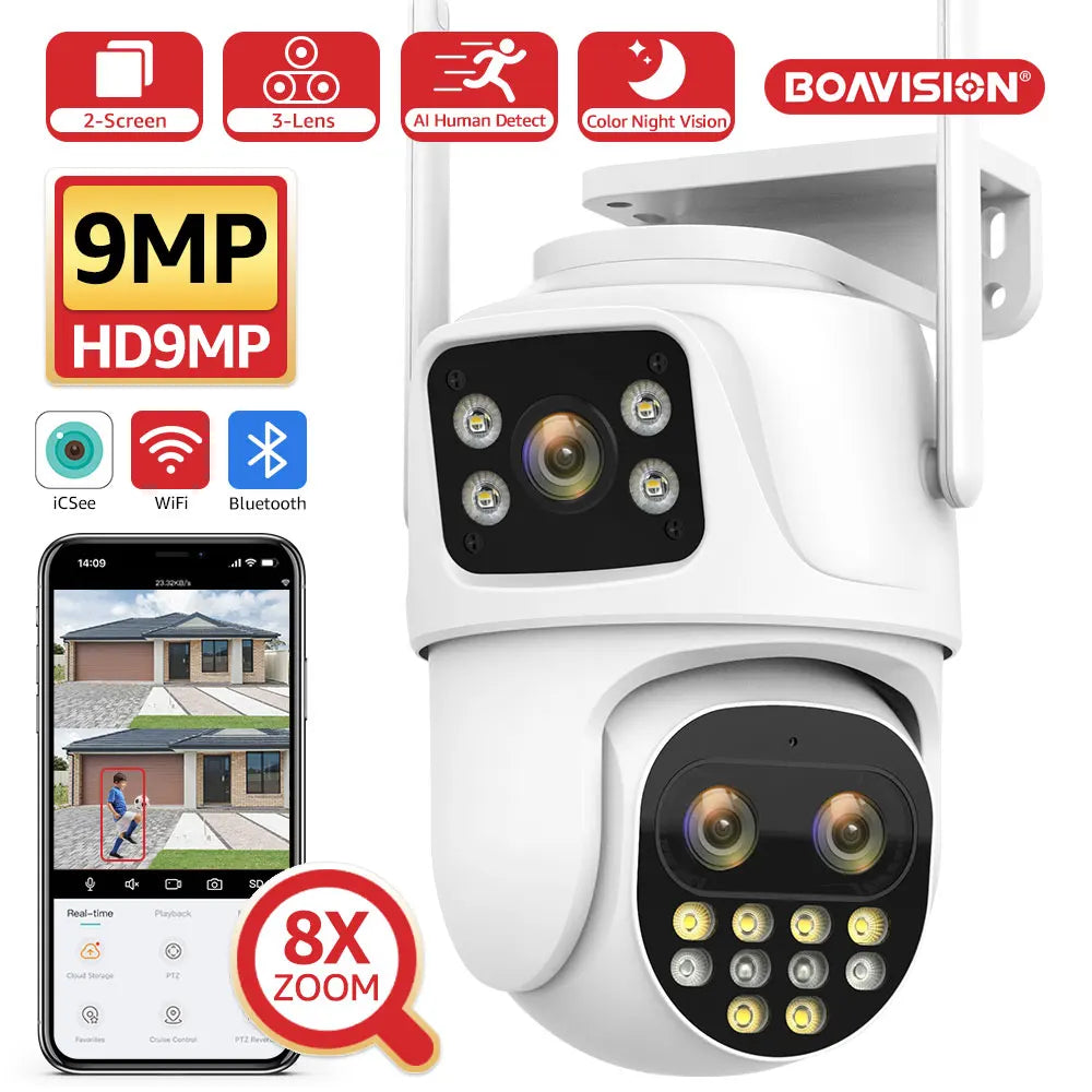 Wifi Surveillance Camera Outdoor PTZ 9MP Three lens 8X Digital Zoom AI