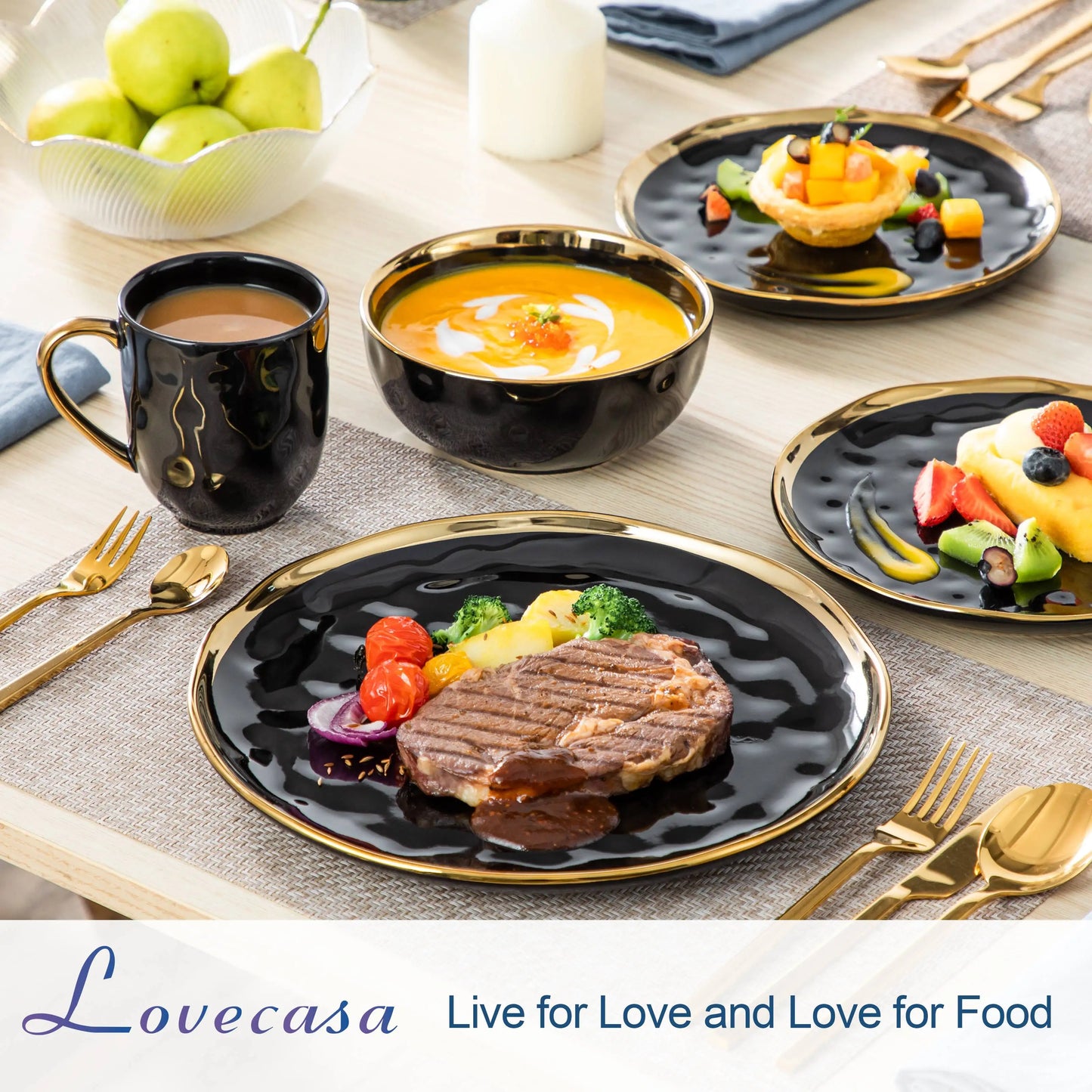 16/32 Piece Black Porcelain Dinnerware Set with Gold