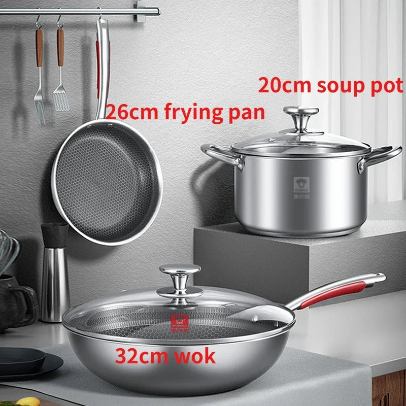 3PCS KBH 304 stainless steel non stick frying pan Soup pot  Universal household induction cooker non stick cooking pot set