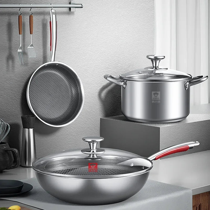 3PCS KBH 304 stainless steel non stick frying pan Soup pot  Universal household induction cooker non stick cooking pot set