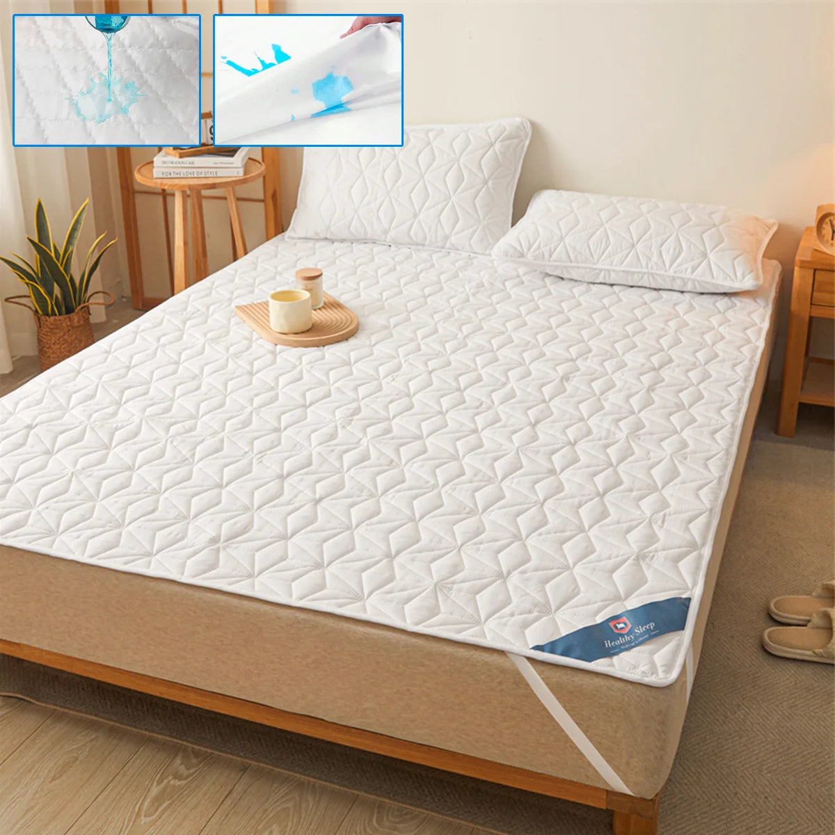 Waterproof Mattress Protector - Breathable Noiseless Mattress Cover Pad with 4 Elastic Corner Straps Fits