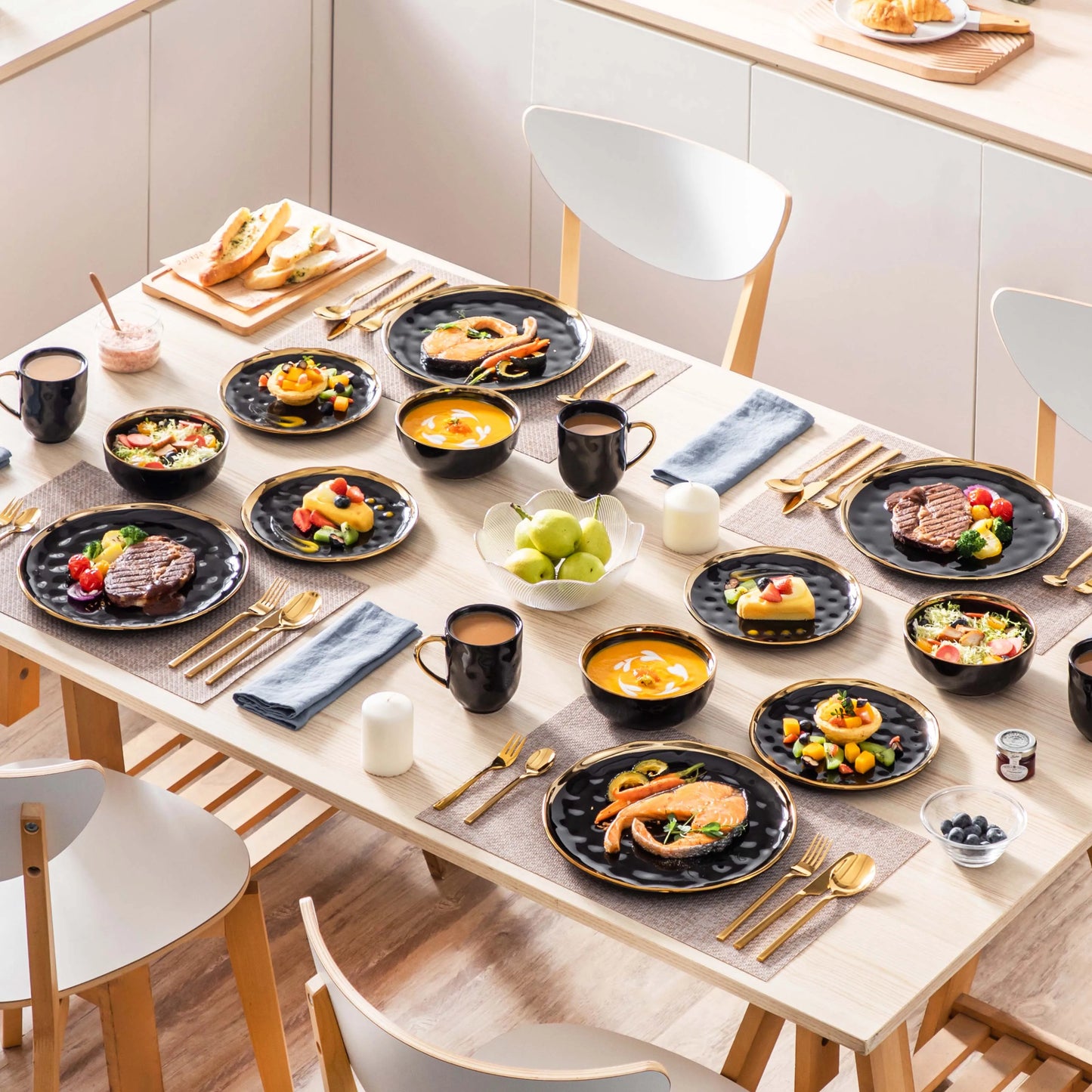 16/32 Piece Black Porcelain Dinnerware Set with Gold