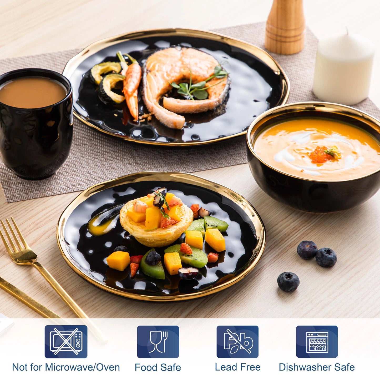 16/32 Piece Black Porcelain Dinnerware Set with Gold