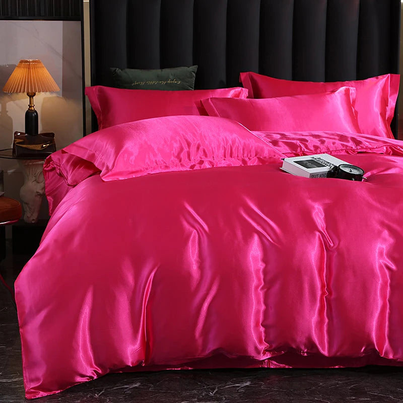 Satin  Bedding Set With Fitted Sheet Duvet Cover